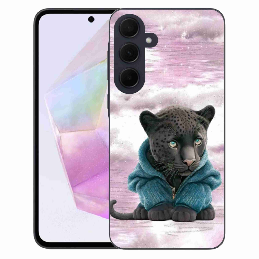 Zselés borítás mmCase Samsung Galaxy A35 5G - fekete párduc pulóverben