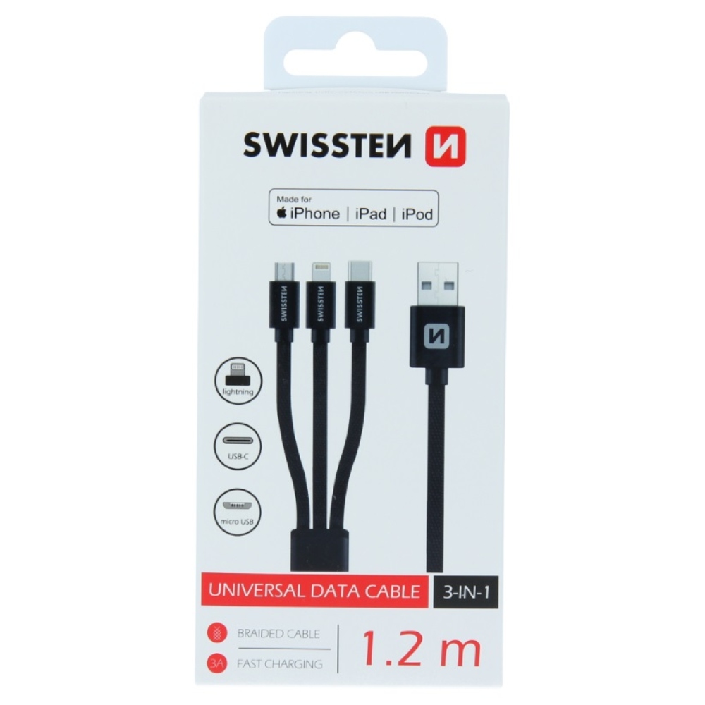 Swissten Woven kábel 3in1 MFI 1.2m (Lightning, USB-C, Micro USB) - Fekete