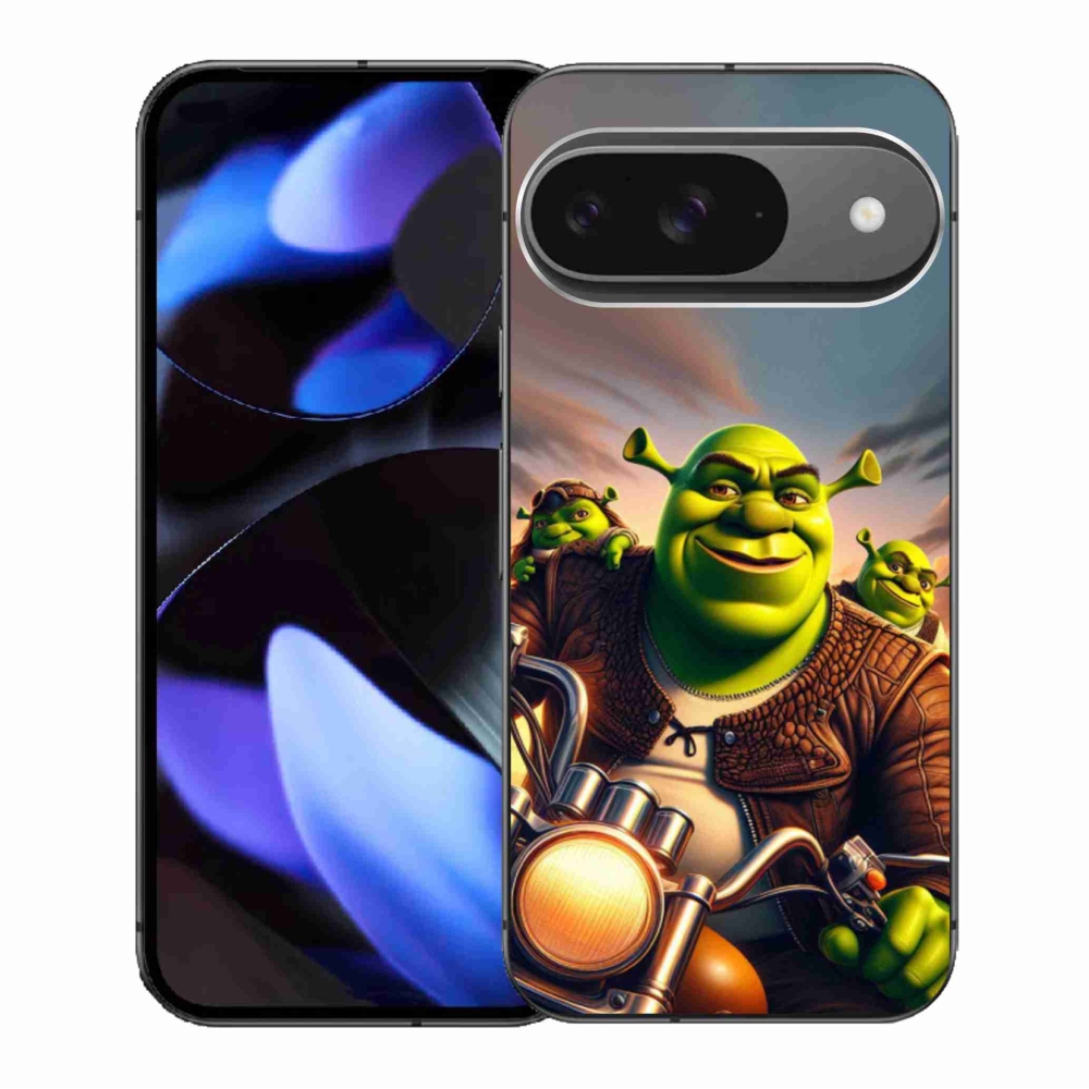 Zselés borítás mmCase a Google Pixel 9/9 Pro számára - Shrek egy motorkerékpáron