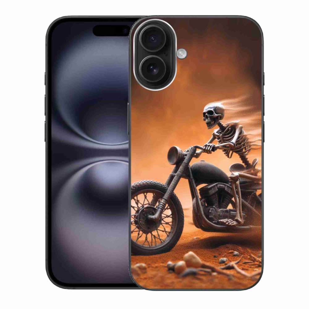 Zselés borítás mmCase iPhone 16 Plus készülékhez - csontváz motorkerékpáron