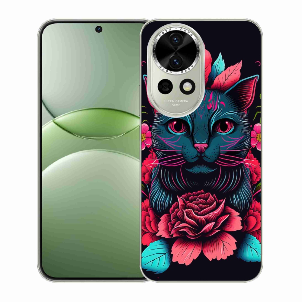 Gél borító mmCase a Huawei Nova 13 5G számára - virágok és macska
