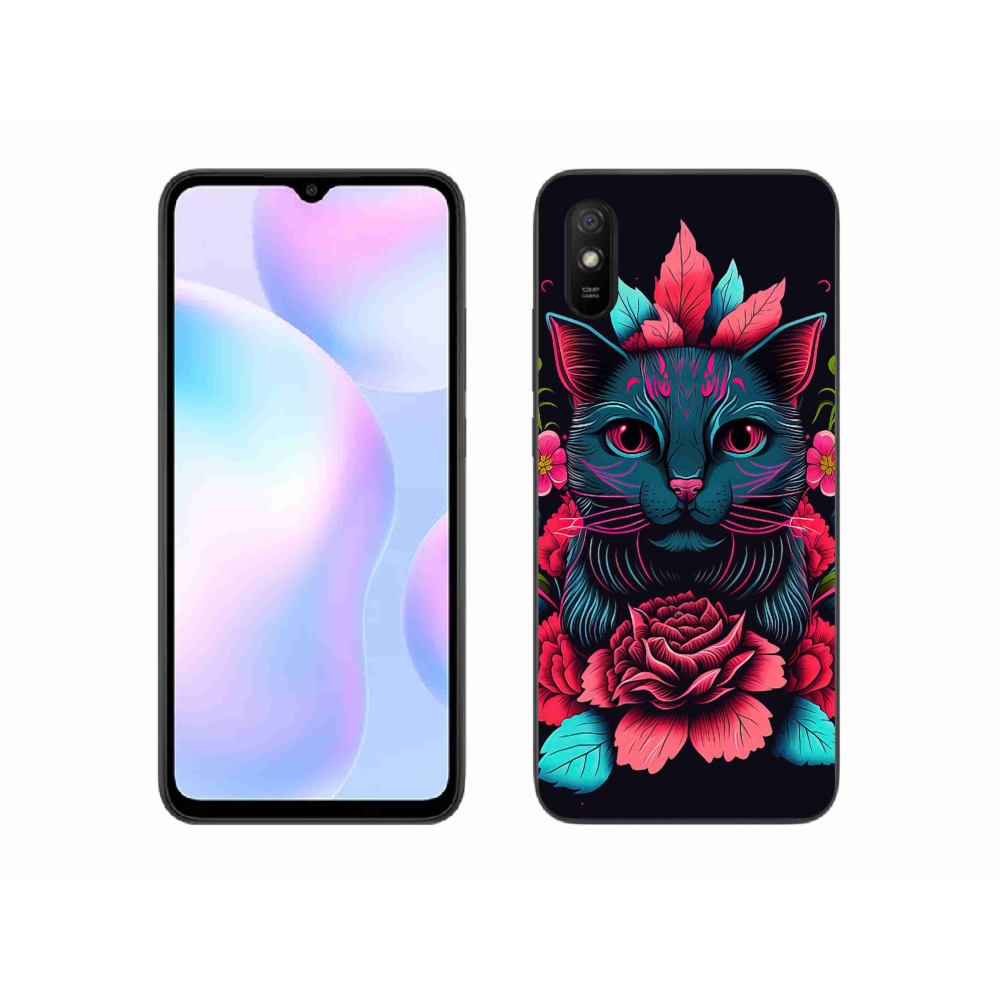 Gél borító mmCase a Xiaomi Redmi 9A számára - virágok és macska