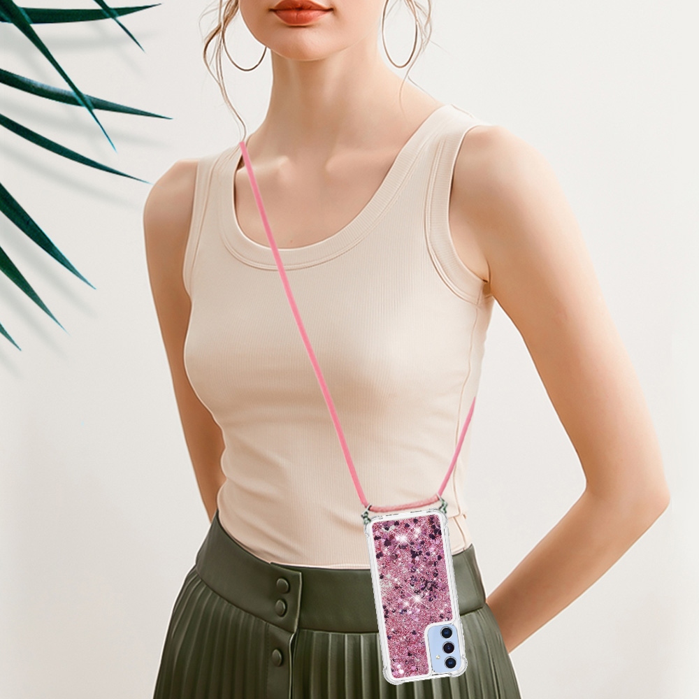 Csillogó homokóra zselés tok húzózsinórral Samsung Galaxy A17 4G/5G - rózsaarany/szív