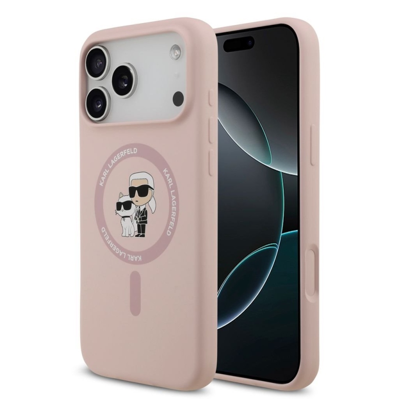 Karl Lagerfeld Liquid Silicone Karl és Choupette MagSafe hátsó tok iPhone 18 Pro Max-hoz, rózsaszín