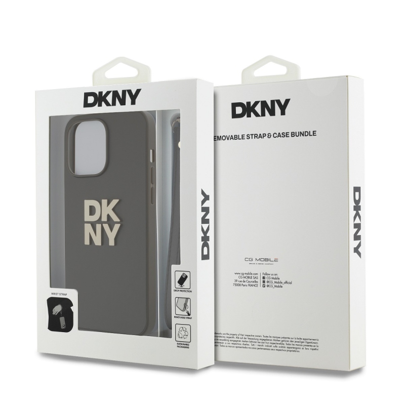 DKNY PU bőr Stack Logo csuklópánt hátlapi borító iPhone 15 Pro barna színűre