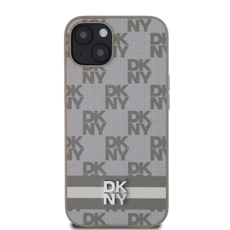 DKNY PU bőr kockás mintás és csíkos hátlapi borító iPhone 13 bézs színű készülékhez