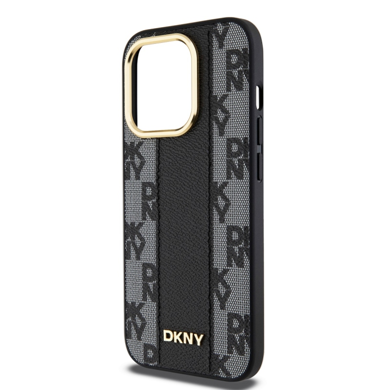 DKNY PU bőr kockás mintás Magsafe hátlap iPhone 15 Pro Max-hoz Fekete