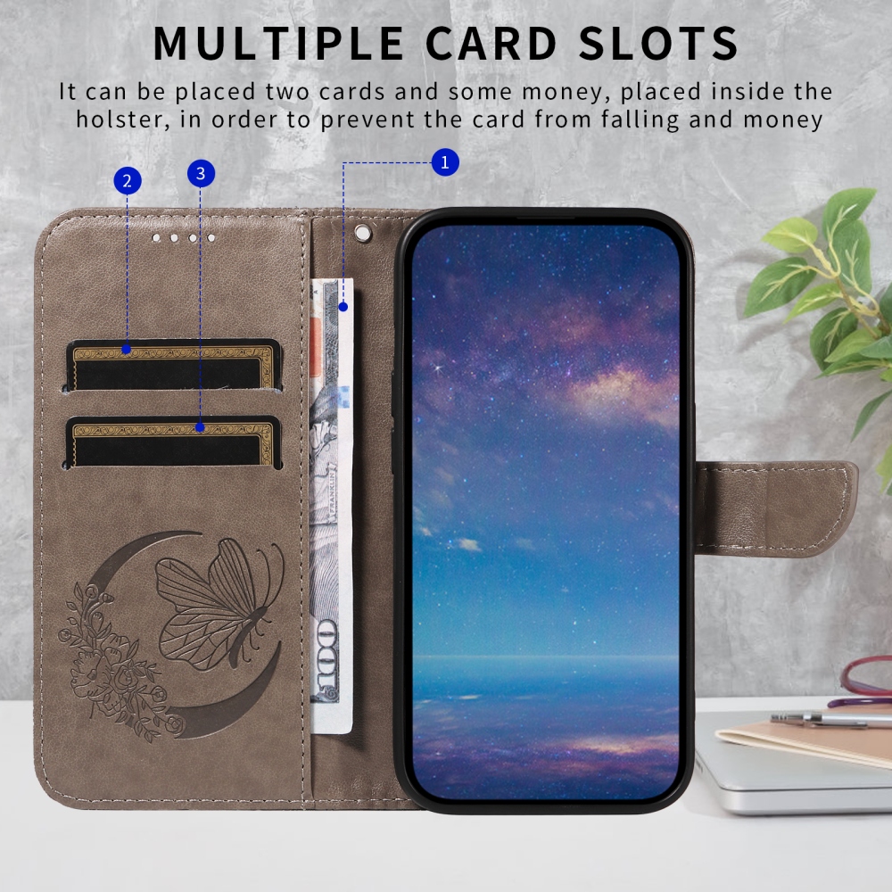 Virágos pillangó könyvtáska iPhone 17 készülékhez - szürke