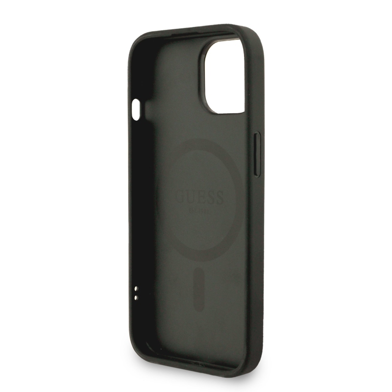 Guess PU bőr 4G színes gyűrűs pánt MagSafe hátsó borító iPhone 14-hez Fekete