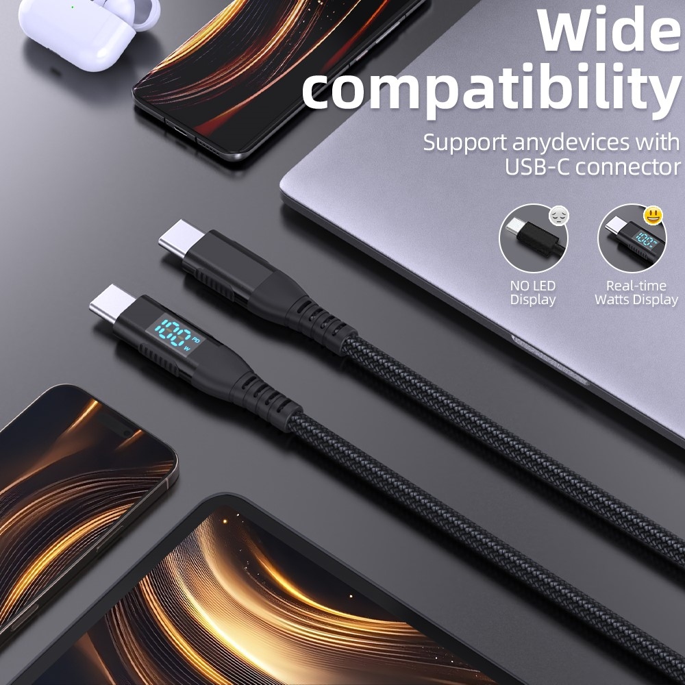 Nejlon USB-C / USB-C kijelzőkábellel 1m 100W - fekete