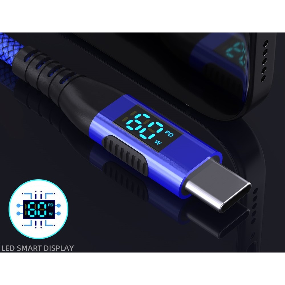 Nejlon USB-C / USB-C kijelzőkábellel 3m 60W - kék