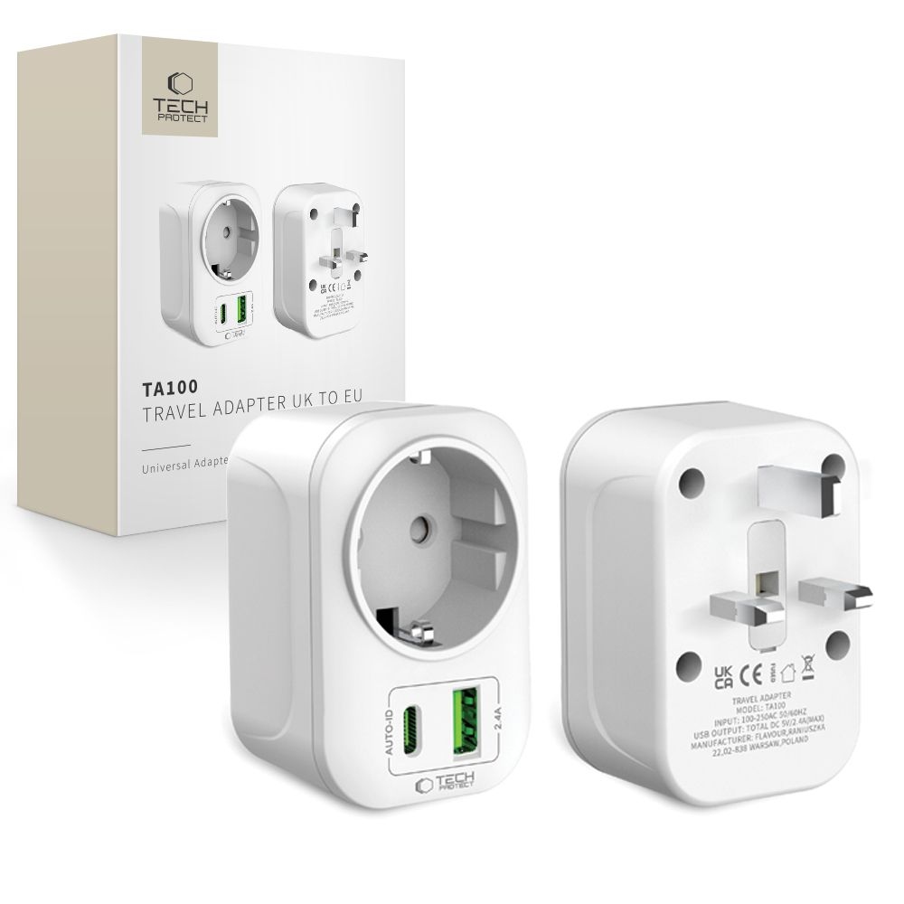 Tech-Protect TA100 UK - EU utazóadapter USB-C és USB-A csatlakozóval