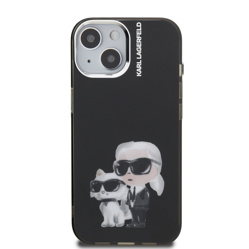 Karl Lagerfeld IML Aquarelle Karl és Choupette hátlapi borító iPhone 15 készülékhez Fekete