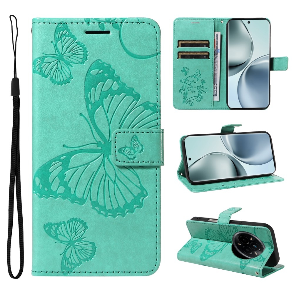 Nagy pillangó könyvtáska a Realme 14 Pro 5G készülékhez - teal színű