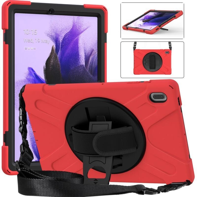 360 Tartós hibrid borítás szíjjal és kéztartóval Samsung Galaxy Tab S7 FE T736-hoz - Fekete/piros