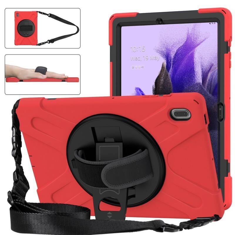 360 Tartós hibrid borítás szíjjal és kéztartóval Samsung Galaxy Tab S7 FE T736-hoz - Fekete/piros