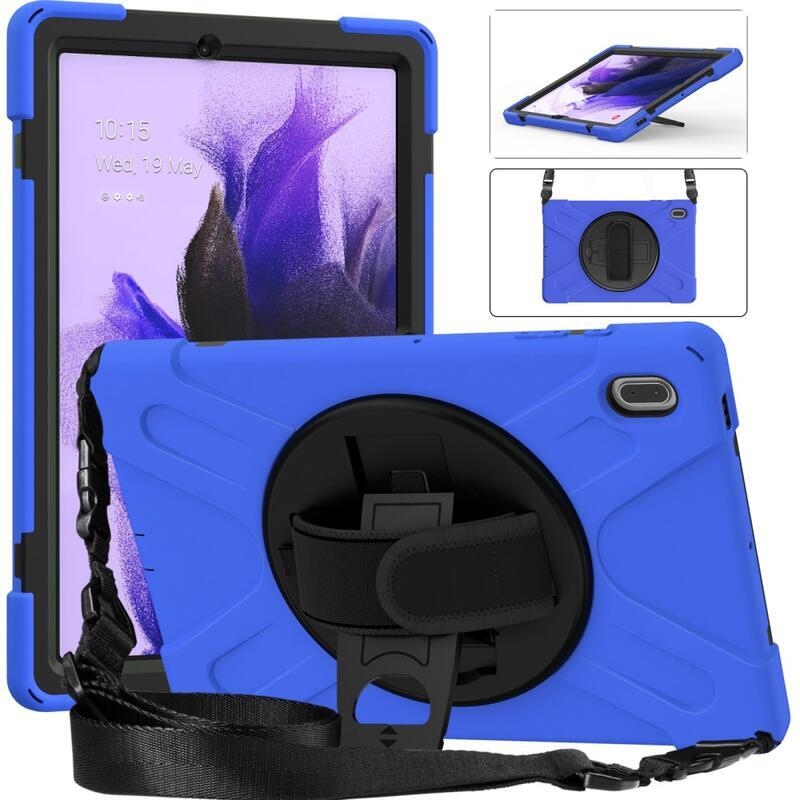 360 Tartós hibrid borítás szíjjal és kéztartóval Samsung Galaxy Tab S7 FE T736-hoz - Fekete/kék