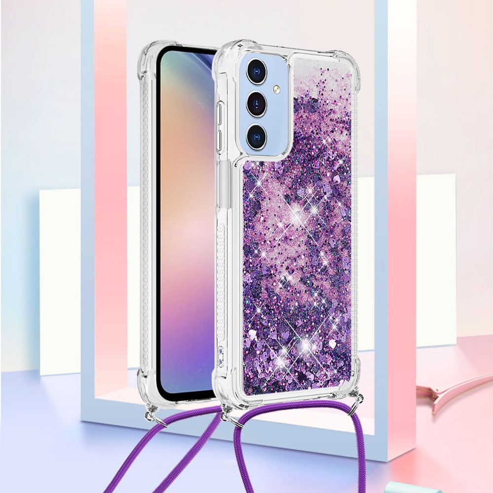 Csillogó homokóra zselés tok húzózsinórral Samsung Galaxy A17 4G/5G - sötétlila/szív