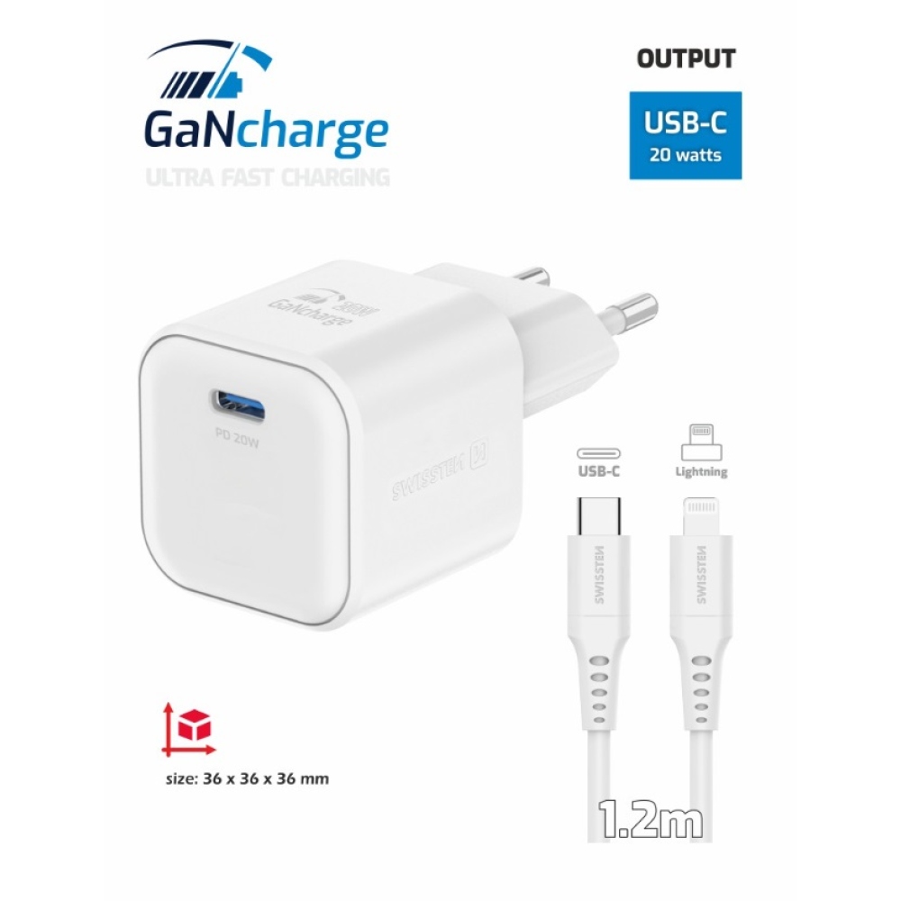 Swissten GaN 1x USB-C 20W Power Delivery + USB-C/Lightning 1.2m kábel - fehér