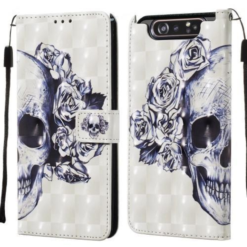 3D festés PU bőr tok Samsung Galaxy A80-hoz - koponya és virágok