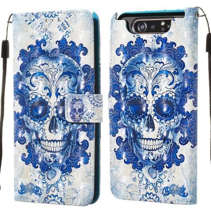 3D festés PU bőr tok Samsung Galaxy A80-hoz - kék koponya