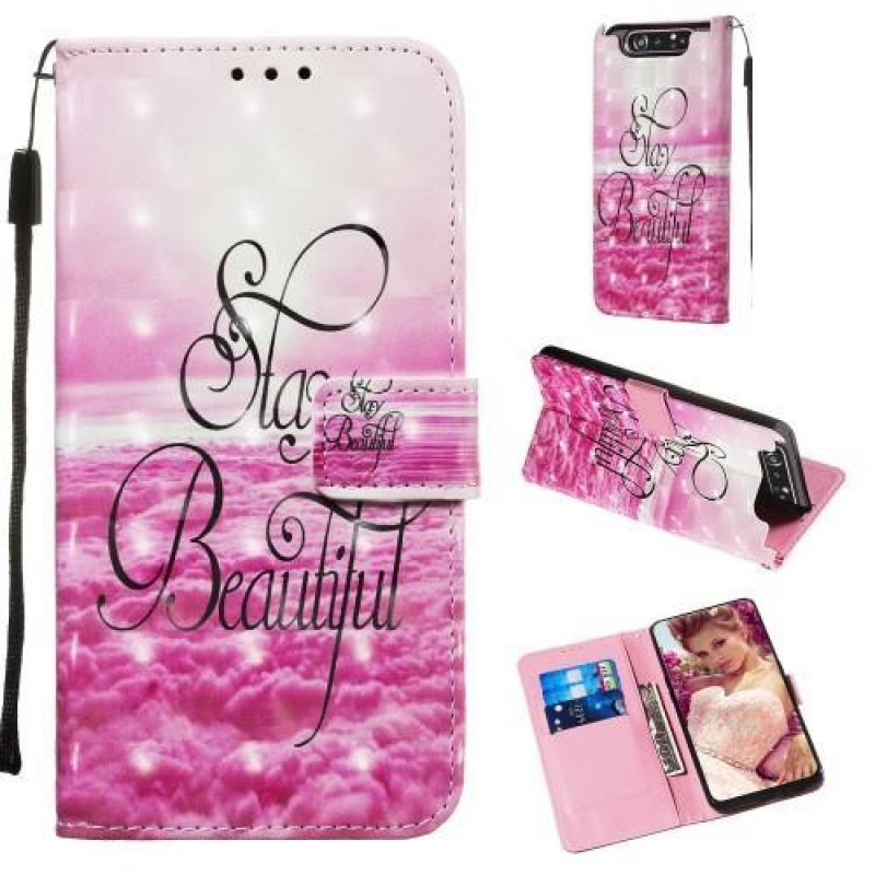 3D festés PU bőr tok Samsung Galaxy A80-hoz - rózsaszín felhők