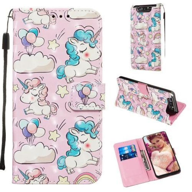 3D festés PU bőr tok Samsung Galaxy A80-hoz - rózsaszín egyszarvú