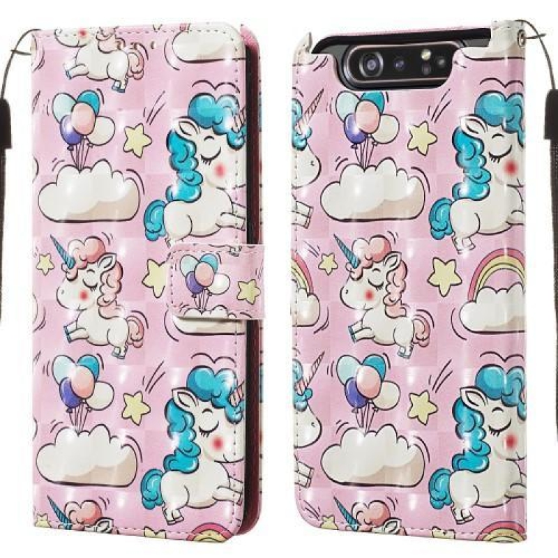 3D festés PU bőr tok Samsung Galaxy A80-hoz - rózsaszín egyszarvú