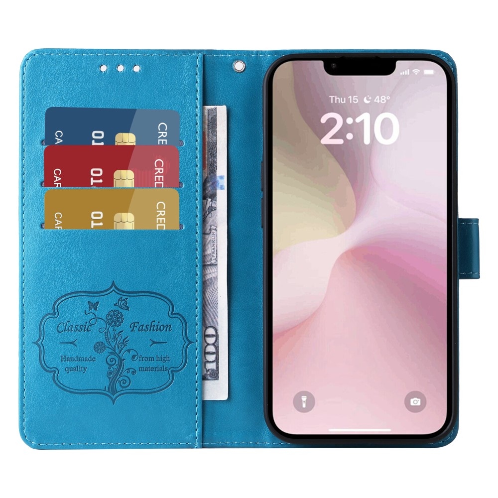 Virágos könyvtáska iPhone 16e készülékhez - kék