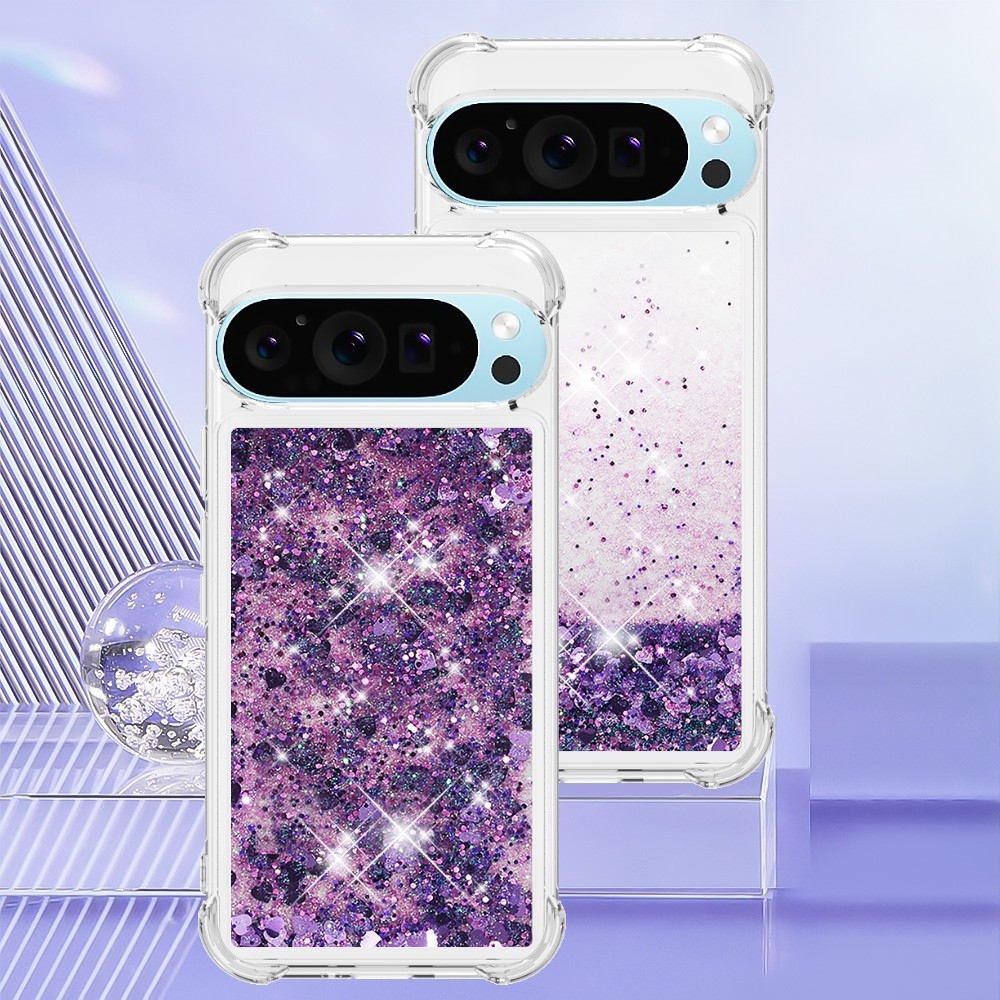 Csillogó homokóra zselés tok Google Pixel 10 Pro/Pixel 10 - sötétlila/szívecske