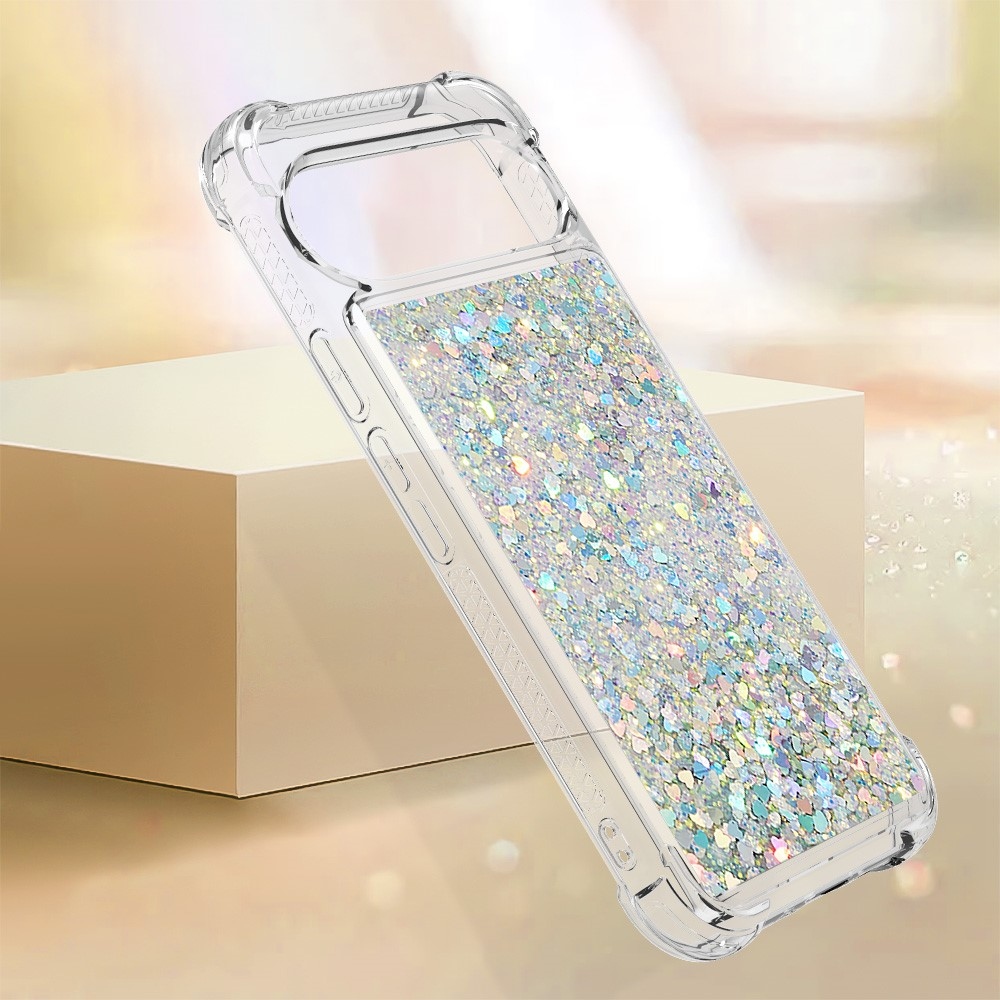 Csillogó homokóra zselés tok Google Pixel 10 Pro XL készülékhez - ezüst/szív