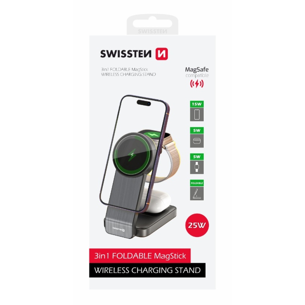 Swissten MagFold 3in1 25W összecsukható vezeték nélküli töltő (MagSafe kompatibilis) - Fekete