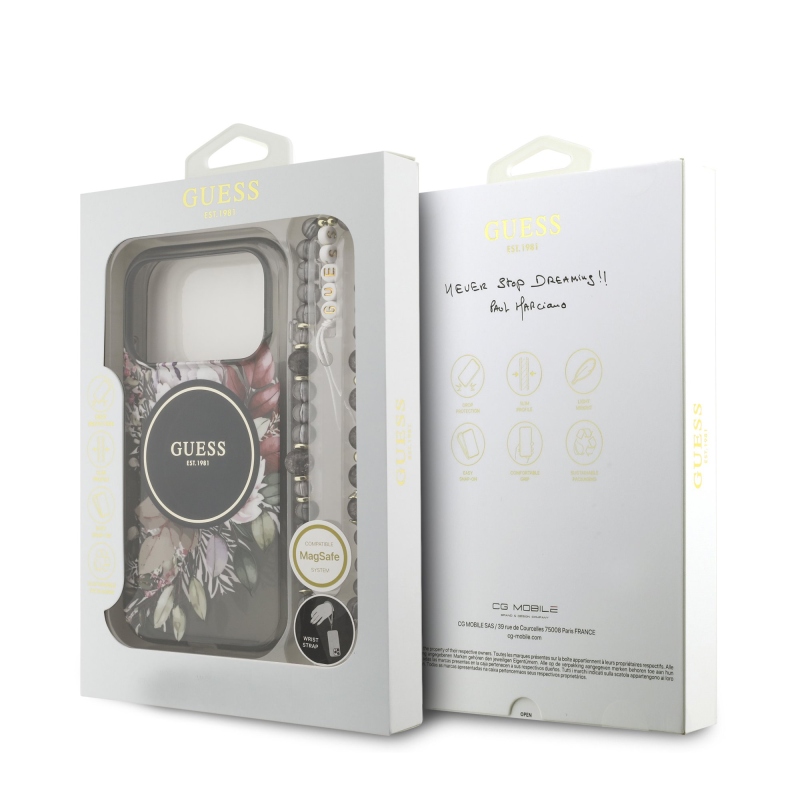 Guess IML Flowers Strap MagSafe hátlapi borító iPhone 17 Pro Fekete