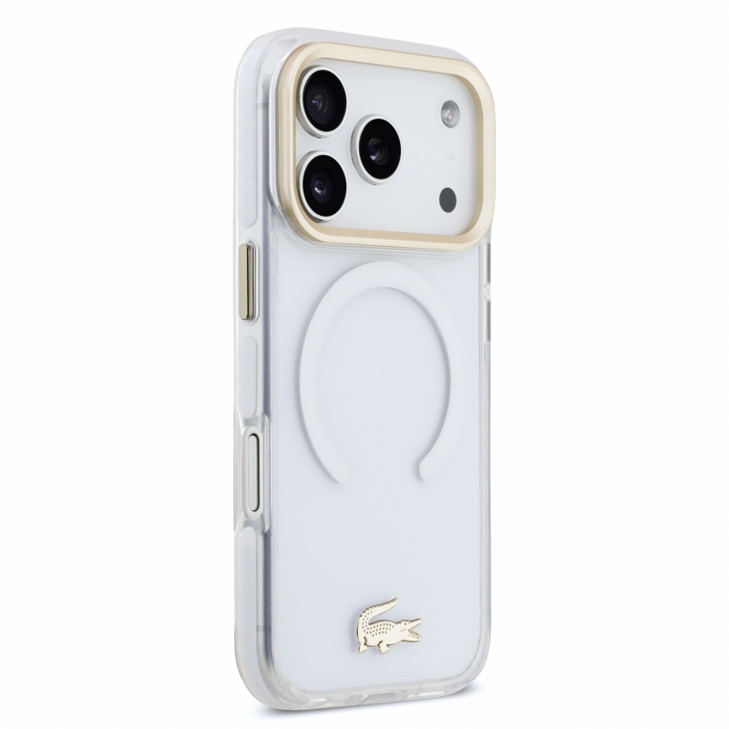 Lacoste IML ütésálló Petit Pique arany logós MagSafe hátsó tok iPhone 18 Pro-hoz, átlátszó