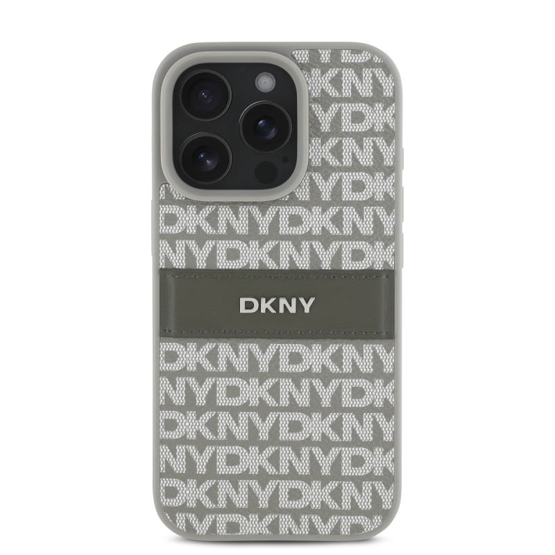 DKNY PU bőr ismétlődő mintás tonális csíkos hátlapi borító iPhone 16 Pro bézs színűhöz