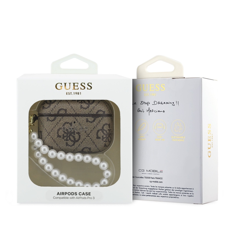 Guess PU 4G Classic Logo Pearl szíjas tok AirPods Pro 3-hoz, barna