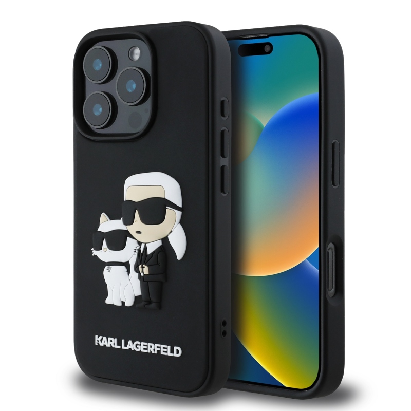 Karl Lagerfeld PU Saffiano Karl és Choupette hátlap iPhone 16 Pro Max-hoz Fekete