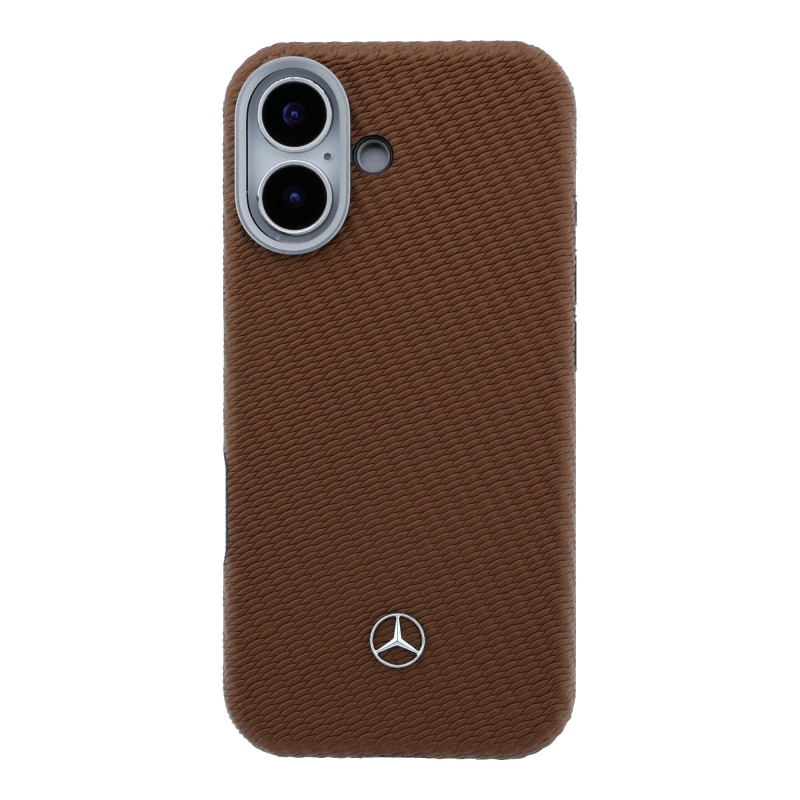 Mercedes PU bőr és fa anyagú, félig burkoló MagSafe hátsó tok iPhone 17-hez, teveszínű
