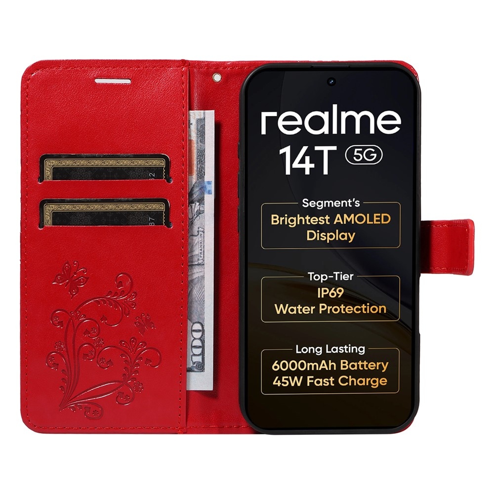 Nagy pillangó könyvtáska a Realme 14 5G/14T 5G számára - piros