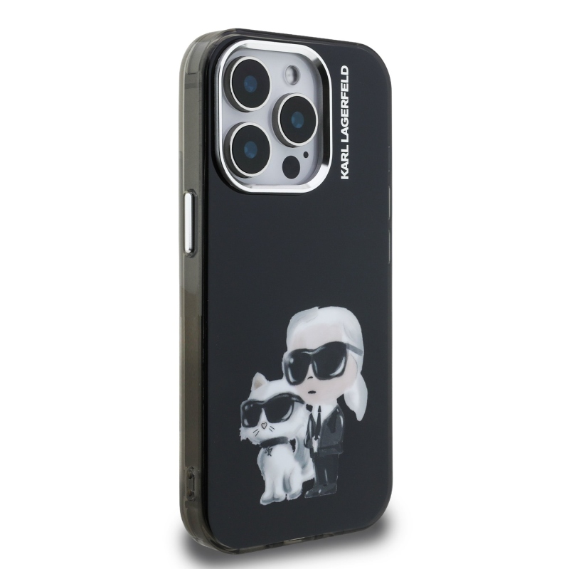 Karl Lagerfeld IML Aquarelle Karl és Choupette hátlapi borító iPhone 15 Pro Max készülékhez Fekete
