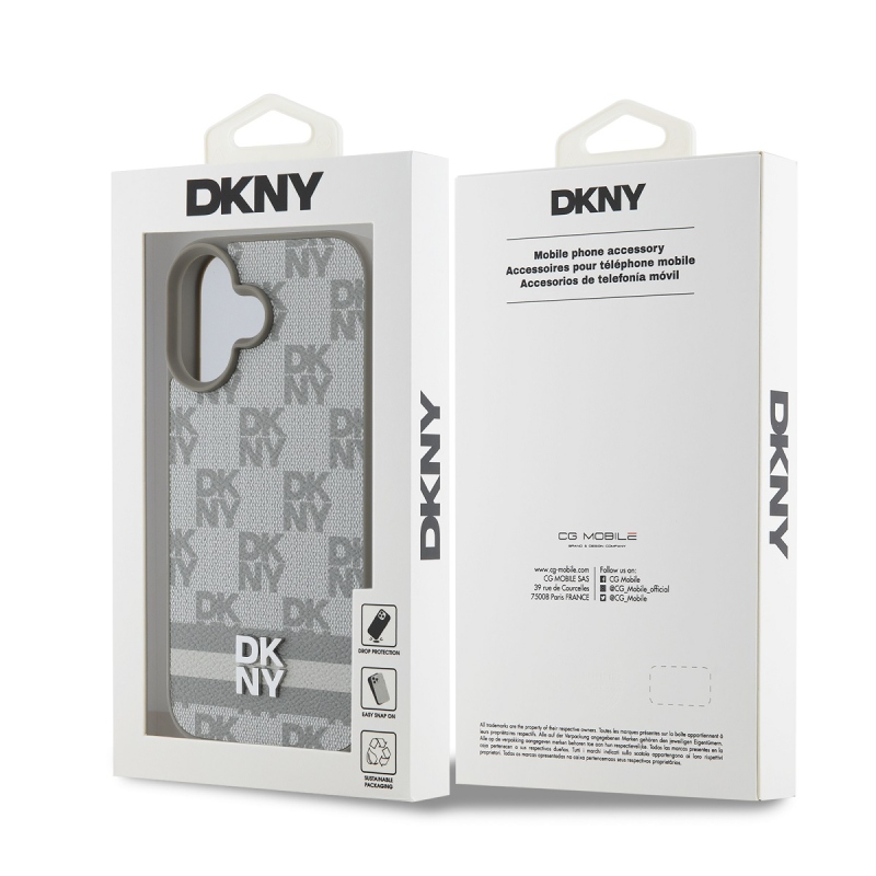 DKNY PU bőr kockás mintás és csíkos hátlapi borító iPhone 16 bézs színű készülékhez