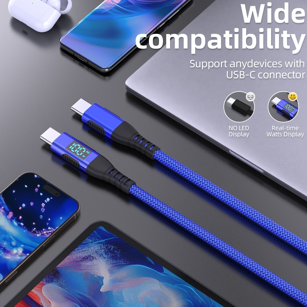 Nejlon USB-C / USB-C kijelzőkábellel 1m 100W - kék