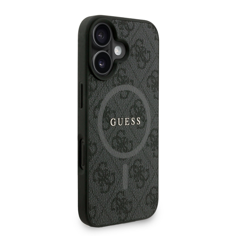 Guess PU bőr 4G színes gyűrűs pánt MagSafe hátlap iPhone 16-hoz Fekete