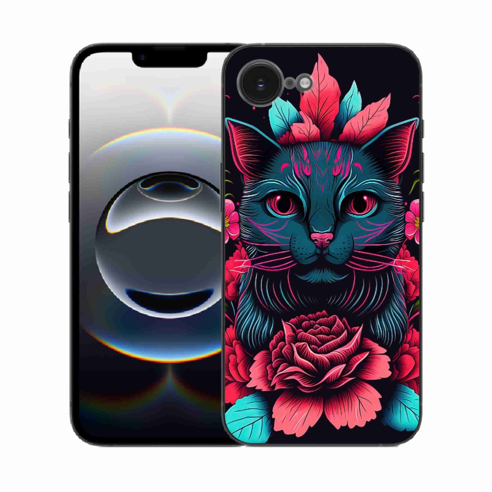 Gél borító mmCase iPhone 16e készülékhez - virágok és macska
