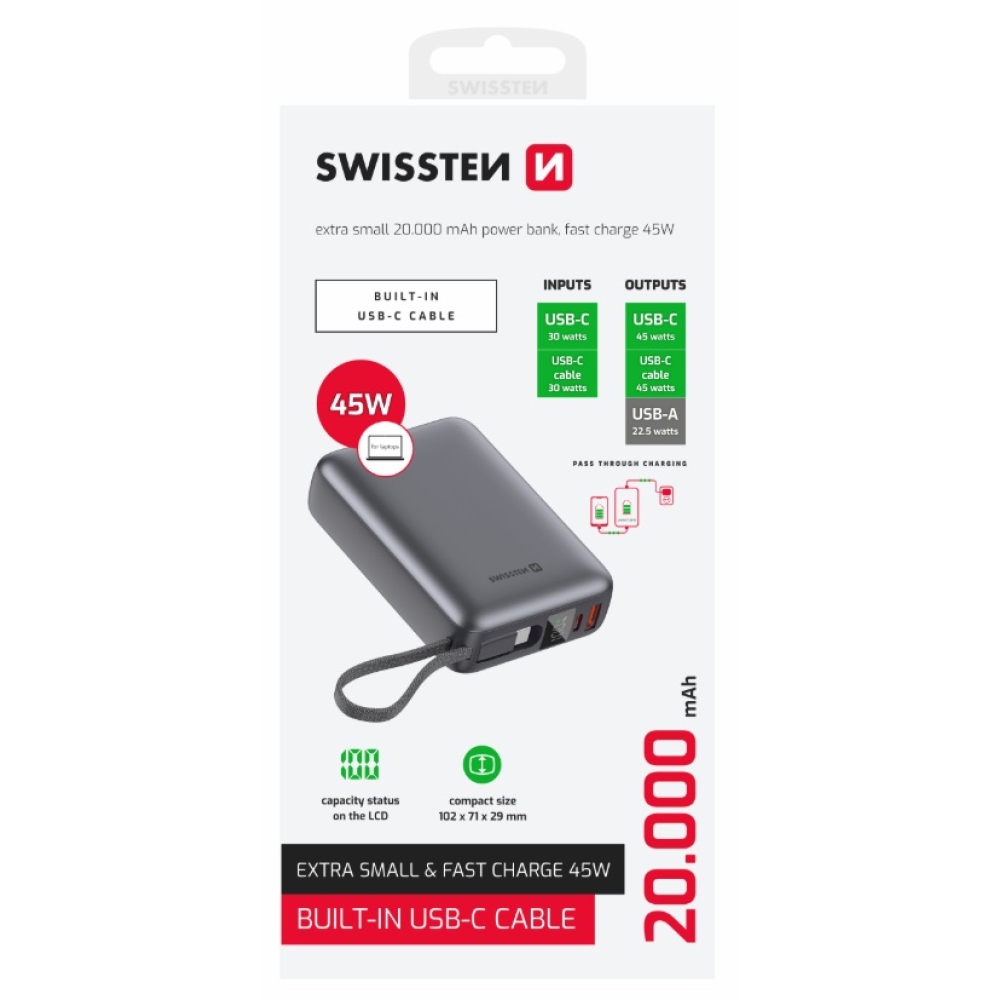 Swissten Powerbank beépített USB-C kábellel, 45W 20000 mAh - ezüst