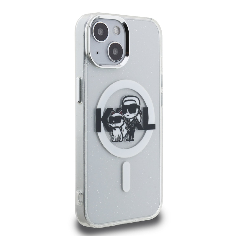 Karl Lagerfeld IML Glitter Karl és Choupette Sketch MagSafe hátlap iPhone 15-hez Átlátszó