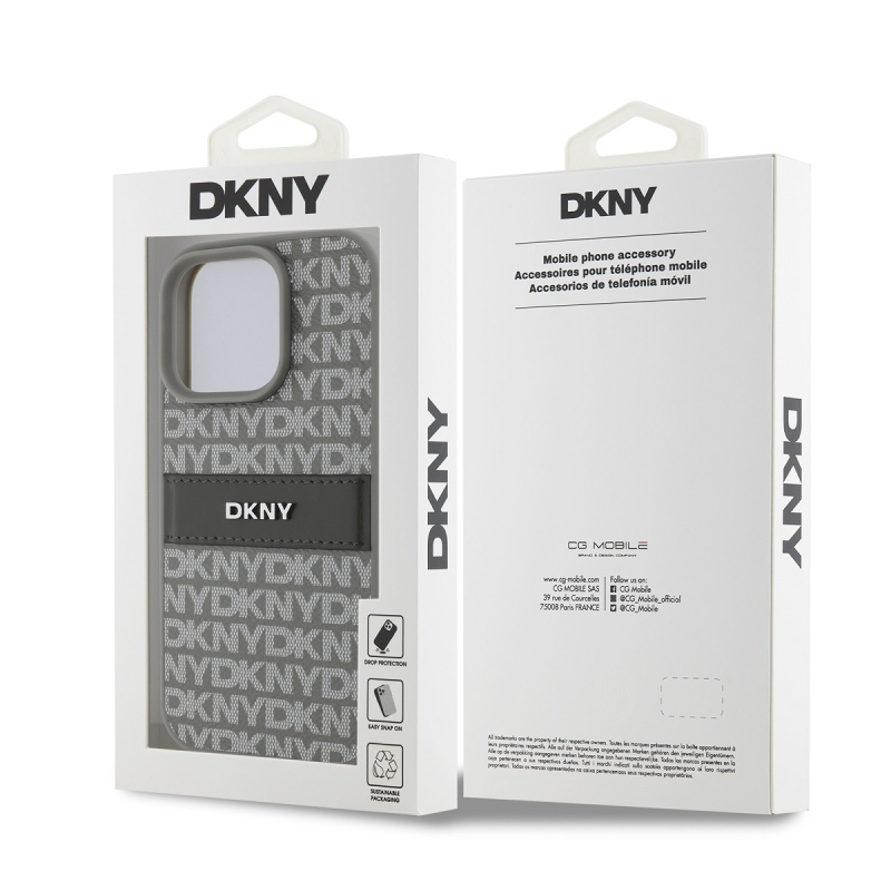 DKNY PU bőr ismétlődő mintás tonális csíkos hátlapi borító iPhone 16 Pro bézs színűhöz