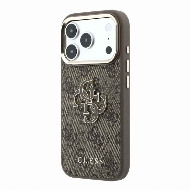 Guess PU 4G műgyanta-fém logós hátsó burkolat iPhone 18 Pro-hoz, barna