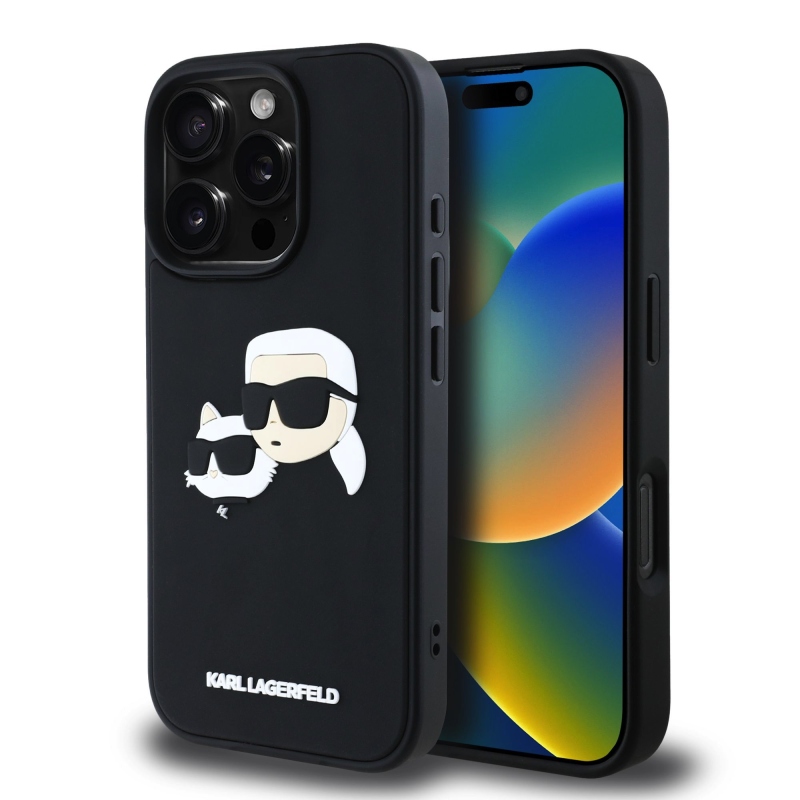Karl Lagerfeld 3D gumiból készült duplafejű hátlap az iPhone 16 Pro készülékhez Fekete