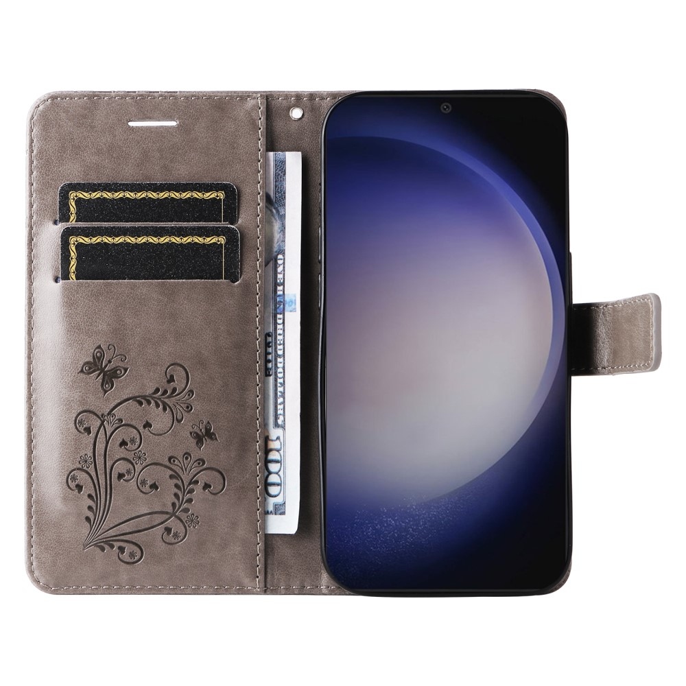 Nagy pillangó könyv tok Samsung Galaxy S25 készülékhez - szürke